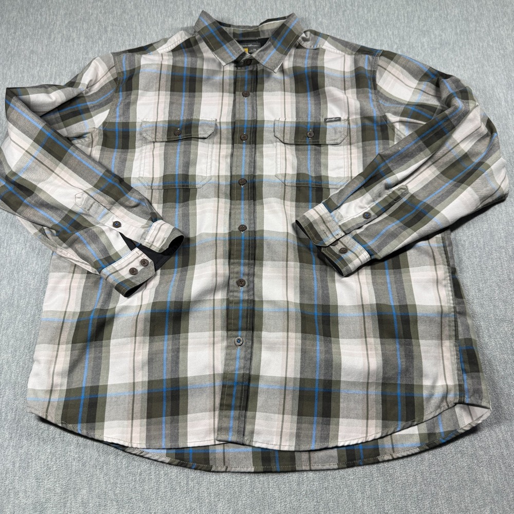 Eddie Bauer Button Up Shirt Mens 2XL Gray Plaid Long Sleeve Flannel Hiking Camp